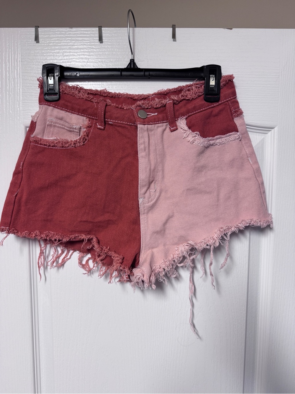SHEIN Two-Tone Red and Pink Frayed Denim Shorts